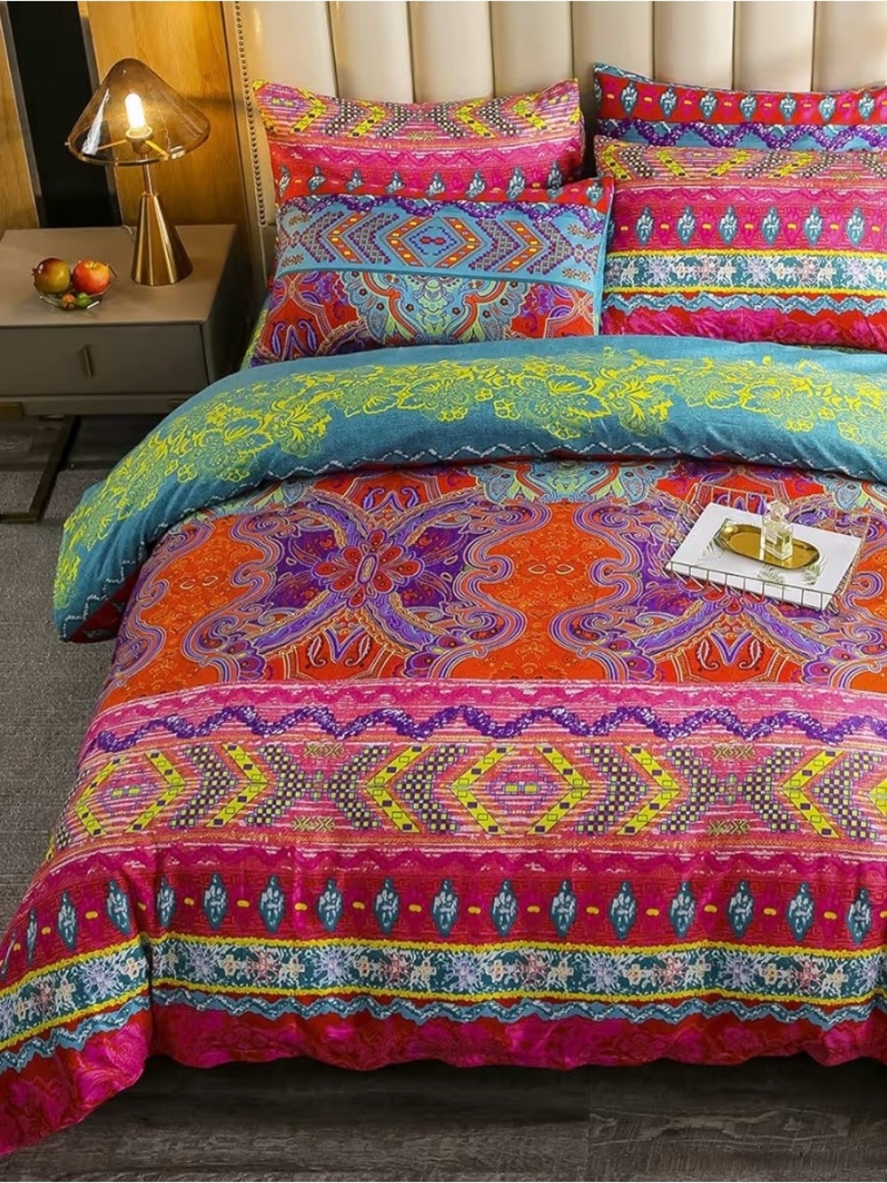Vibrant Multicolor Bohemian Duvet Set - Pink, Orange, Blue, Green